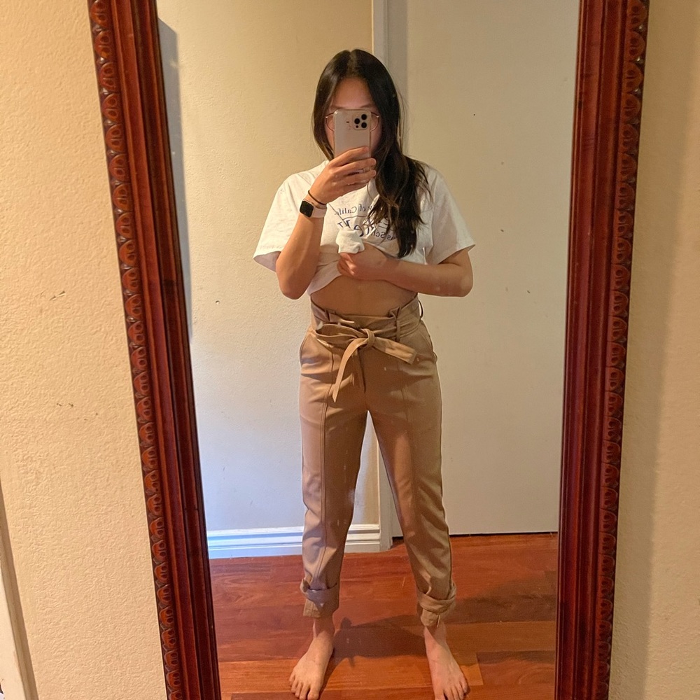 PLEATHER TAN PANTS WITH TIE DETAIL | SIZE SM